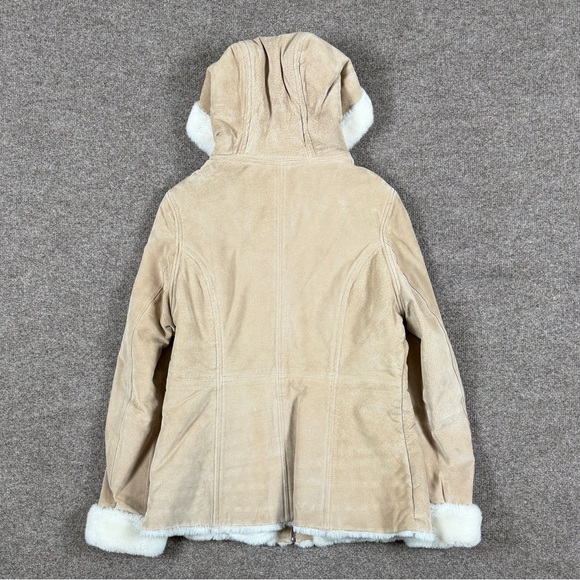 Vintage Beige Tan Suede Leather Hooded Faux Fur Lined Jacket Women’s M Retro Y2K - Picture 2 of 9